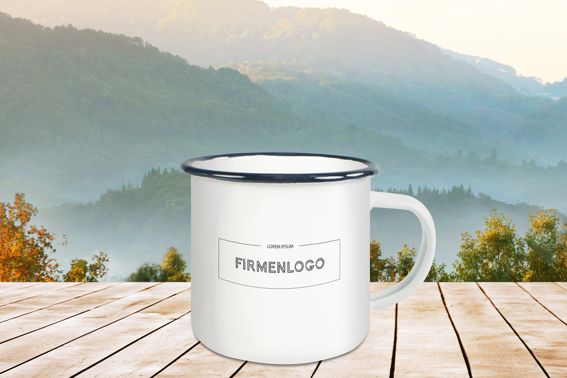 Emailletasse weiß, mit farbigem Tassenrand Emailletasse weiß, mit farbigem Tassenrand