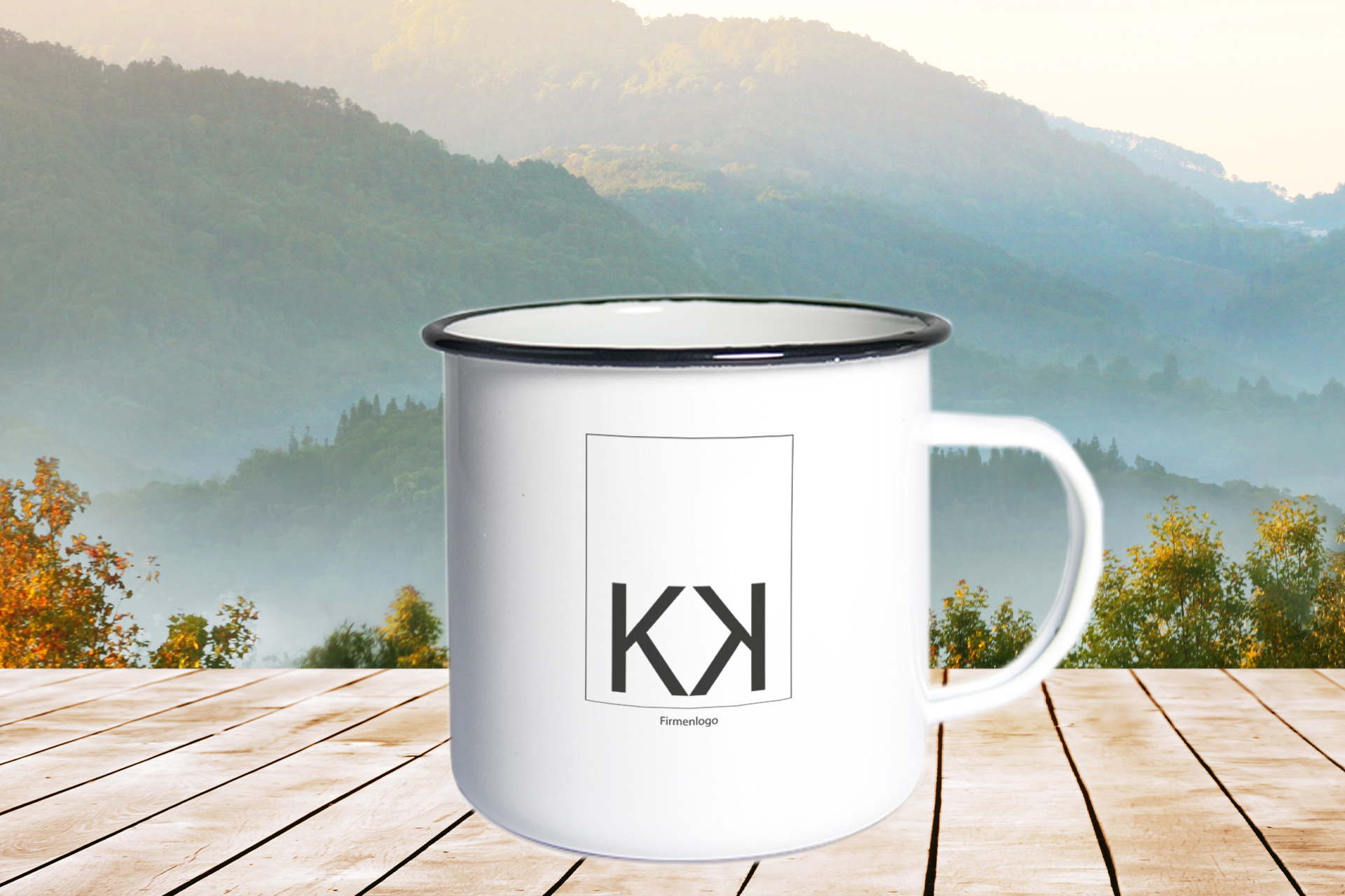 Emailletasse weiß, mit farbigem Tassenrand Emailletasse weiß, mit farbigem Tassenrand