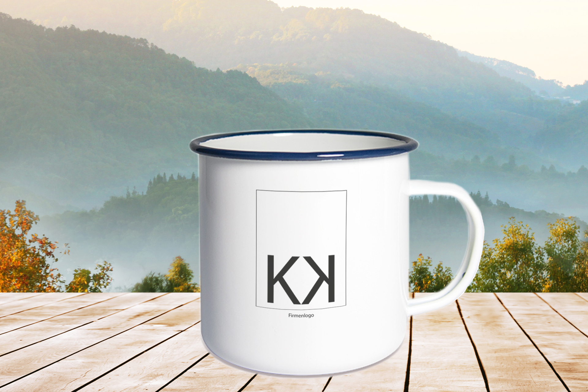 Emailletasse weiß, mit farbigem Tassenrand Emailletasse weiß, mit farbigem Tassenrand